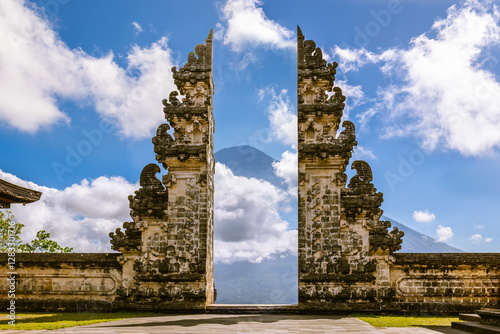 Heaven Gate of Lempuyang Temple with Gunung Batur background in Bali, Indonesia