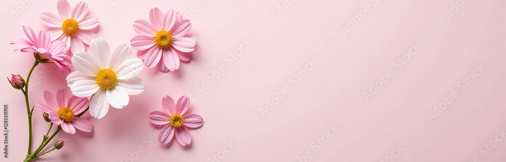 Fototapeta premium Mimosa Flowers With Delicate Petals And Soft Colors Against A Pale Pastel Pink Flat Lay Background. 00001