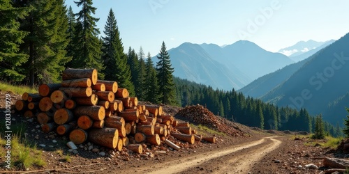 A scenic mountain dirt road winds through a lush coniferous forest, where stacks of freshly cut logs rest beside the trail, showcasing the contrast between natural beauty and forestry operations.