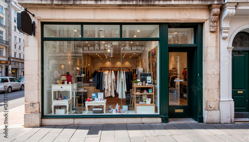 Quiet storefront display in urban setting, modern merchandising concept