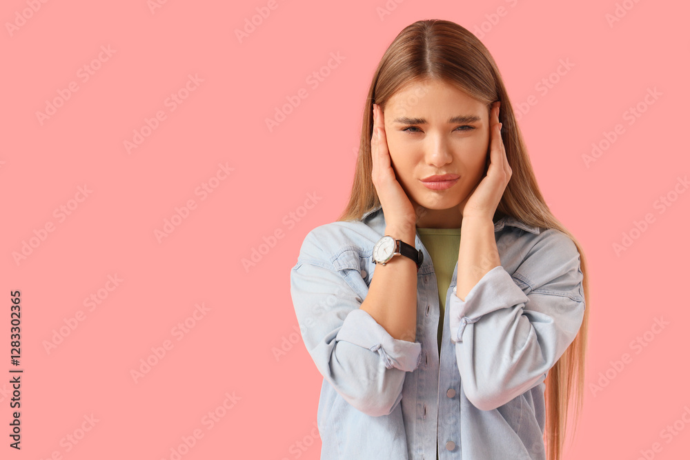 Young woman suffering from loud noise on pink background Young woman suffering from loud noise on pink background