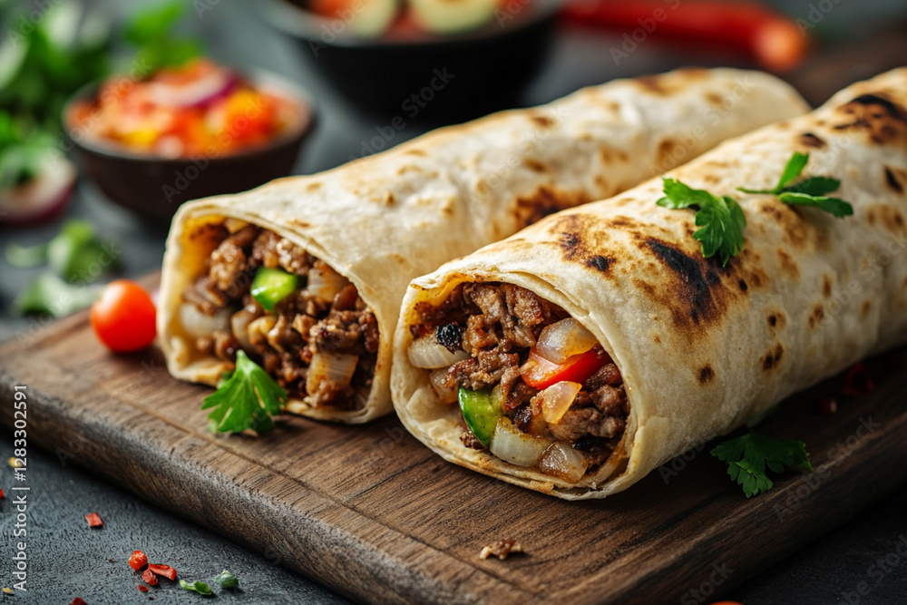 Freshly cooked shawarma with juicy filling, wrapped in crispy lavash on a wooden board Freshly cooked shawarma with juicy filling, wrapped in crispy lavash on a wooden board