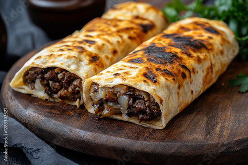 Freshly cooked shawarma with juicy filling, wrapped in crispy lavash on a wooden board photo