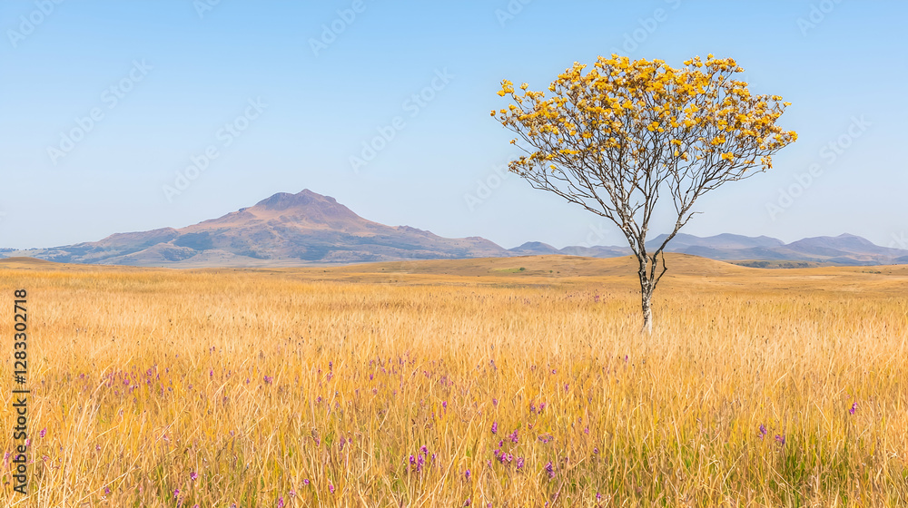 Fototapeta premium Lone tree in golden field, mountain backdrop