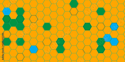 Abstract Honeycomb Pattern with Multicolored Tiles. Yellow Hexagonal Texture with Random Green and Blue Elements. Illustration. Vector. Hexagon. 