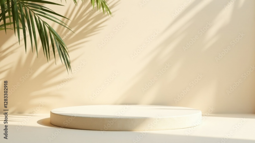 A serene minimalist display featuring a circular platform bathed in sunlight, accentuated by the delicate shadow of a tropical leaf. A serene minimalist display featuring a circular platform bathed in sunlight, accentuated by the delicate shadow of a tropical leaf.