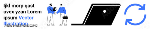 Two professionals shaking hands, modern laptop, and circular arrows symbol. Ideal for teamwork, partnerships, digital transformation, communication, workflow, innovation business strategy abstract