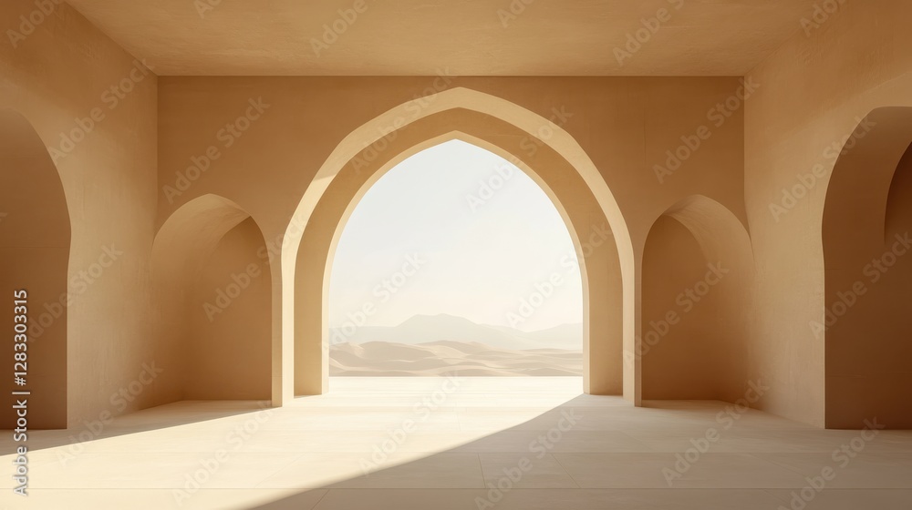 Naklejka premium Serene Desert View Through Archway in Minimalist Interior Design