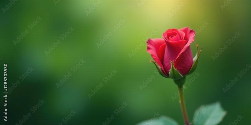 A Single Crimson Rosebud on a Soft Green Background, a Symbol of Love and Beauty A Single Crimson Rosebud on a Soft Green Background, a Symbol of Love and Beauty