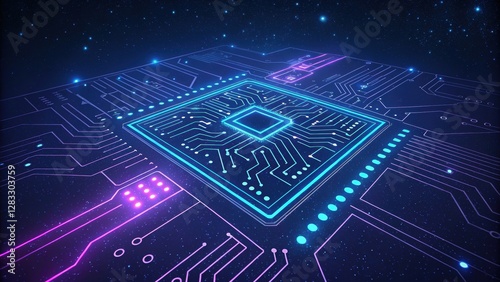 Neon circuit board with glowing blue and purple tech lines on a deep space background. Futuristic sci-fi concept, ideal for high-tech branding and AI innovation