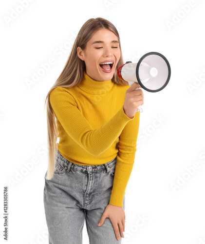 Young woman shouting into m...