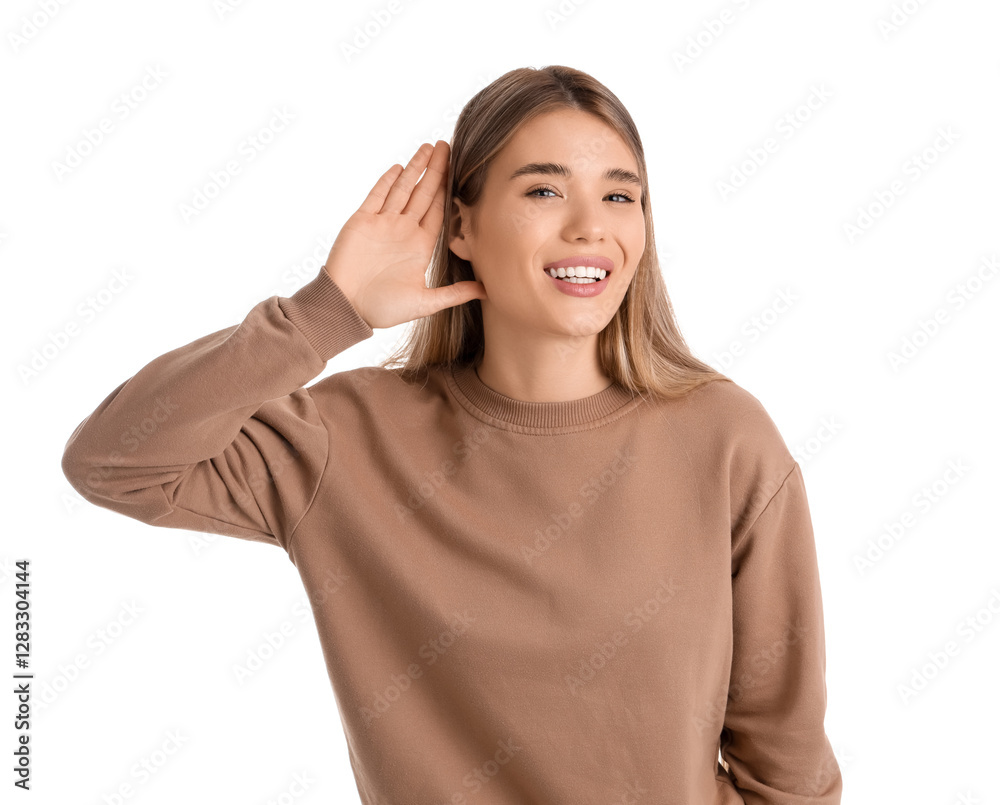 Young woman trying to hear something on white background Young woman trying to hear something on white background