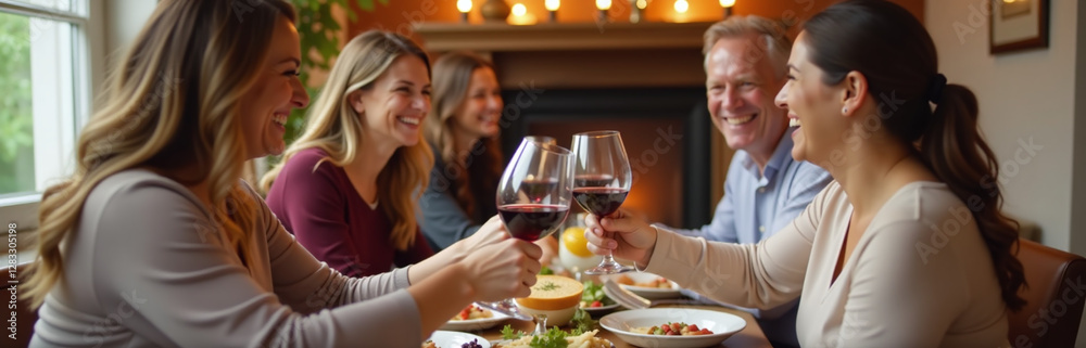 Group Of Friends Celebrate Lunchtime Together With Laughter, Toasting With Red Wine And Enjoying Good Food In Warm Company. 00001 Group Of Friends Celebrate Lunchtime Together With Laughter, Toasting With Red Wine And Enjoying Good Food In Warm Company. 00001