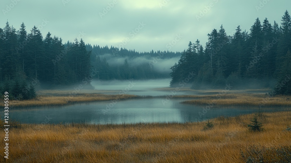 Fototapeta premium Misty autumn lake in forest