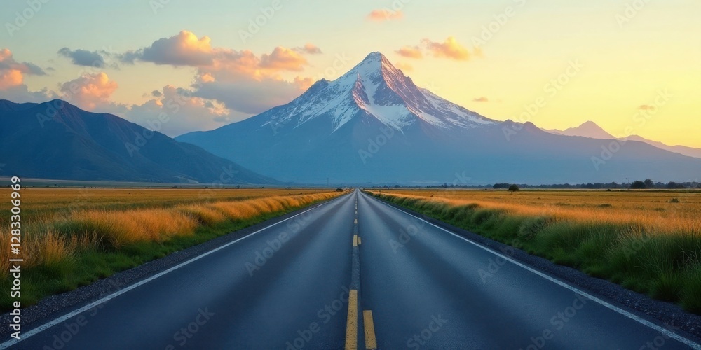 Fototapeta premium A scenic asphalt road leads toward a majestic snow-capped mountain at sunset, passing through a field of tall grass.