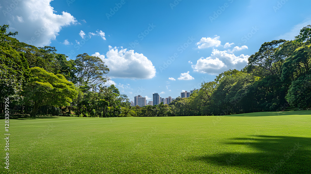 A wide, grassy field is surrounded by trees, with city buildings in the background under a blue sky and white clouds
A wide, grassy field is surrounded by trees, with city buildings in the background under a blue sky and white clouds