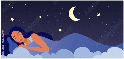 Sleep well concept, healthy woman sleep on bed vector illustration