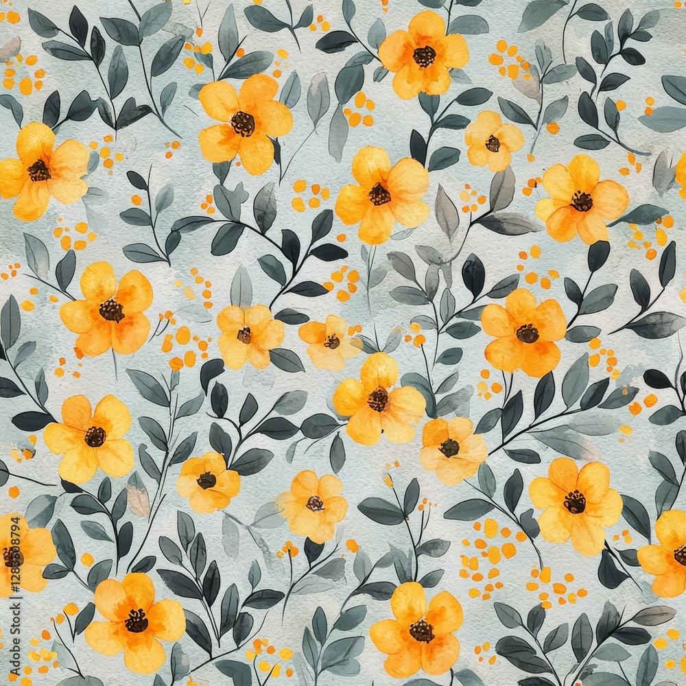Golden Floral Pattern: A vibrant seamless pattern of golden yellow flowers, with a intricate blend of watercolor brushstrokes and detailed leaf illustrations. Golden Floral Pattern: A vibrant seamless pattern of golden yellow flowers, with a intricate blend of watercolor brushstrokes and detailed leaf illustrations.