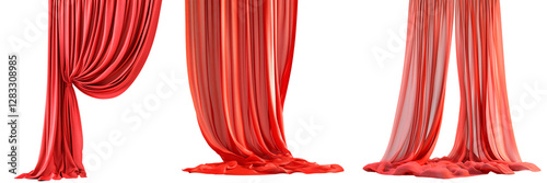 Set of classic red curtains with elegant drapery and decorative roses isolated on a transparent background. Luxurious fabric swag for interior decoration.