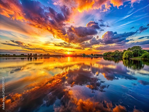 Urban exploration at Sunset Lake reveals stunning sky reflections.  Vibrant colors ignite the still water, creating unforgettable images.