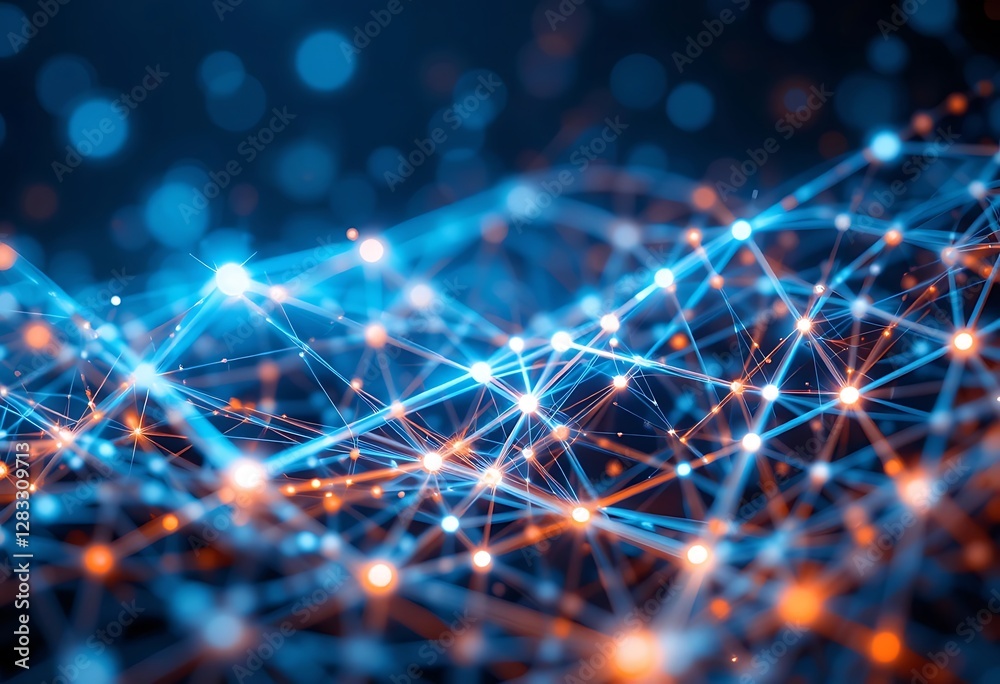 A network of interconnected nodes with glowing lights A network of interconnected nodes with glowing lights