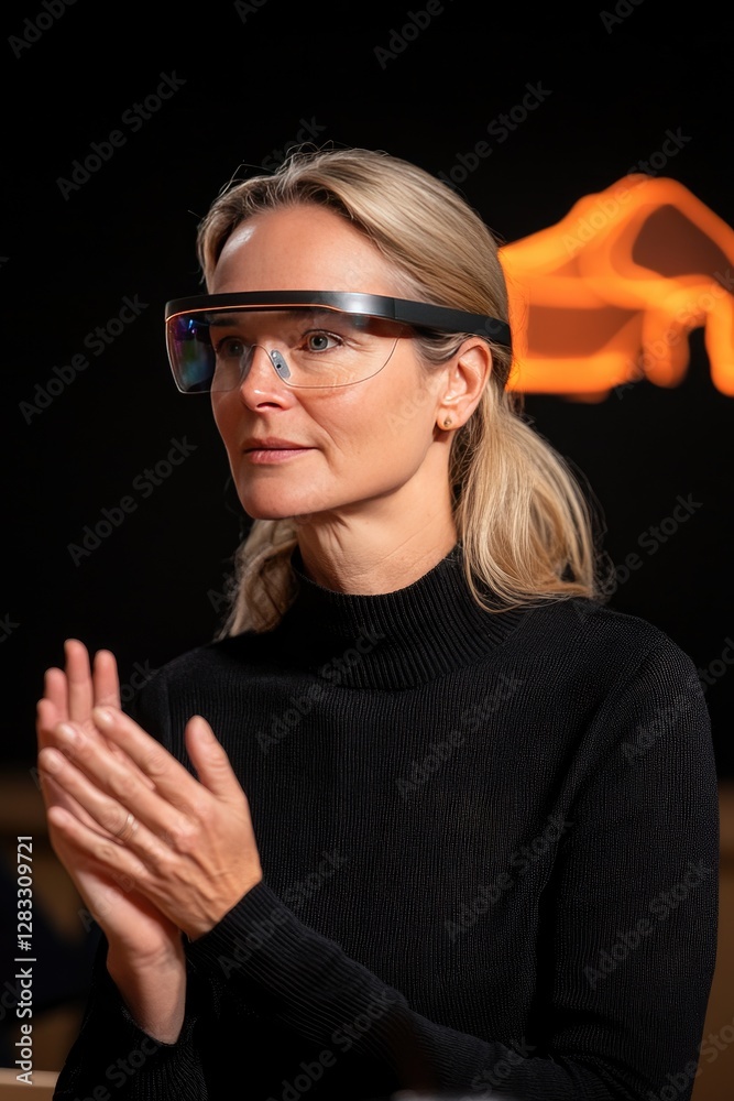 Obraz premium Businesswoman Engaged in Presentation Wearing AR Glasses in Modern Office