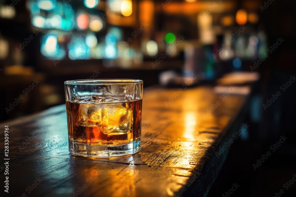 Whiskey glass on a bar counter with dim lighting and blurred background ambiance in a cozy establishment during evening hours. Generative AI Whiskey glass on a bar counter with dim lighting and blurred background ambiance in a cozy establishment during evening hours. Generative AI