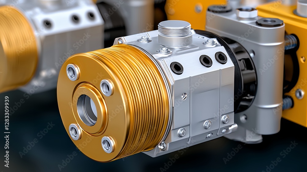 Closeup Industrial Machine Component with Gold and Silver Details Closeup Industrial Machine Component with Gold and Silver Details