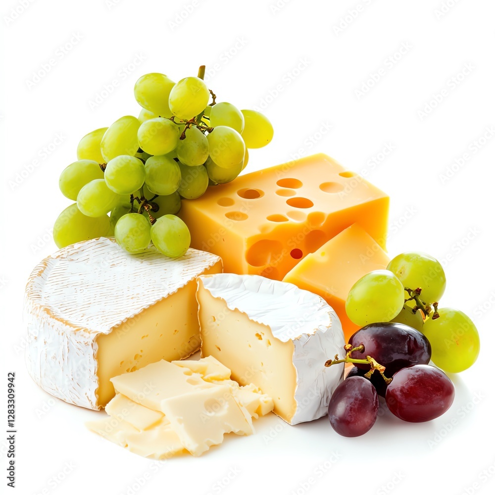 A delightful assortment of cheeses and fresh grapes perfect for any cheese platter. A delightful assortment of cheeses and fresh grapes perfect for any cheese platter.
