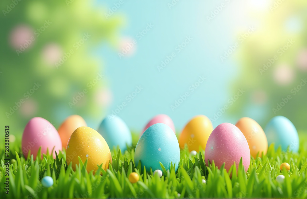 Easter Eggs Are Scattered Across A Vibrant Green Lawn With A Happy Easter Holiday Background Behind Them. 00001 Easter Eggs Are Scattered Across A Vibrant Green Lawn With A Happy Easter Holiday Background Behind Them. 00001