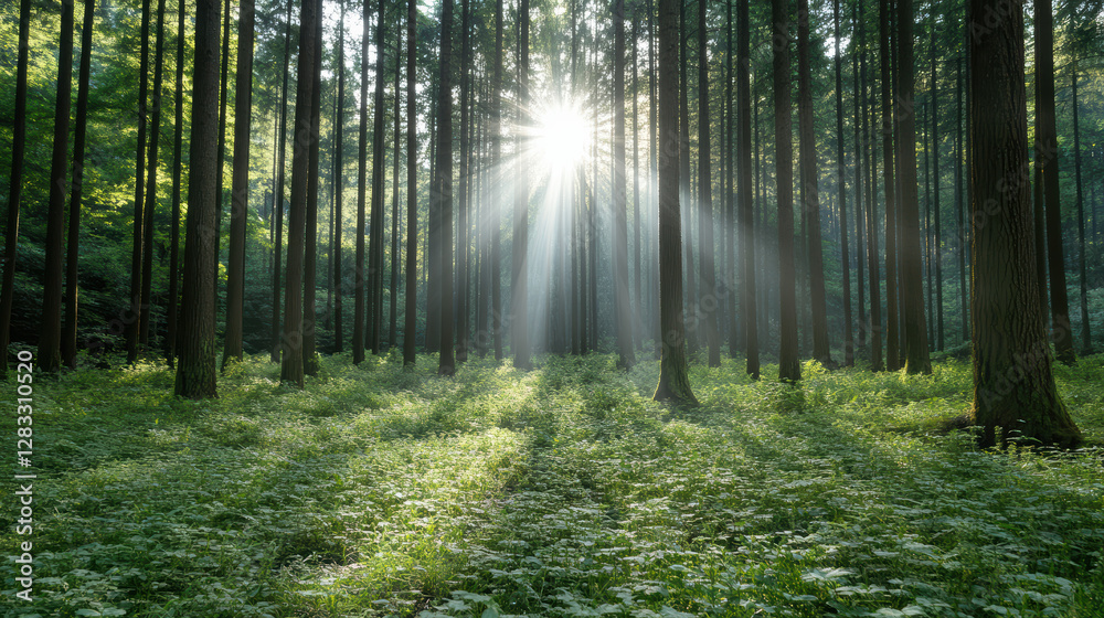 Obraz premium serene forest clearing with soft sunlight filtering through tall trees