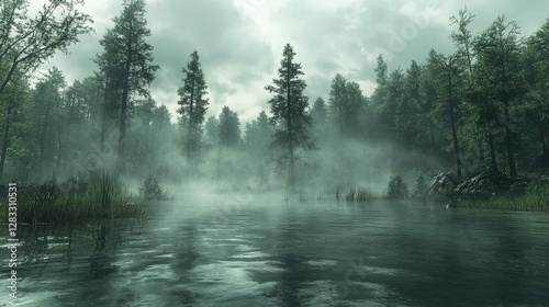 Misty Forest Landscape In Rain