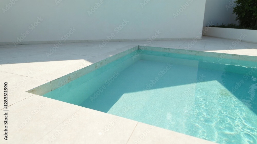 Obraz premium Serene Minimalist Pool Design Sunlight Illuminates a Calm, Aqua-Colored Plunge Pool in a Modern Architectural Setting