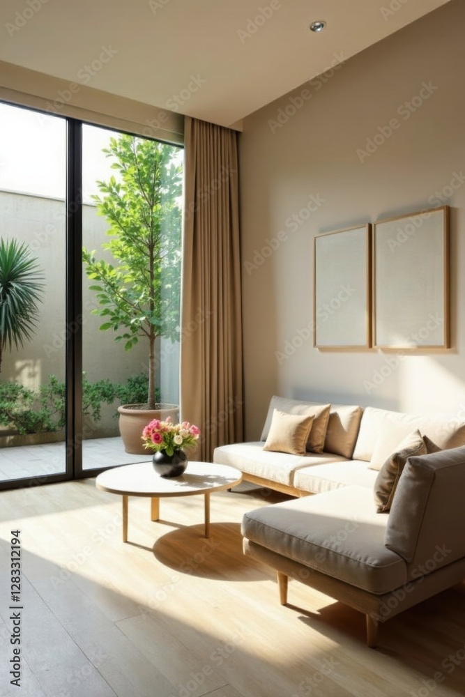 Fototapeta premium Serene Minimalist Living Room Design Featuring a Sectional Sofa and Sunlit Patio View
