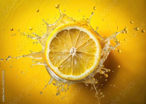 Vintage underwater lemon photography: flat lay, yellow background splashed with water droplets.