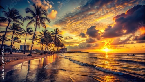 Vintage Waikiki: sun-drenched sands, swaying palms, and a fiery ocean sunset captured in golden hour light.