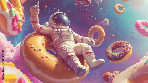 Fototapeta Naklejka Na Ścianę i Meble -  Astronaut in candy space near donut planet child cartoon vector. Cosmic childish fantasy planetary illustration for extraterrestrial chocolate and pastry game universe drawing night sky concept.