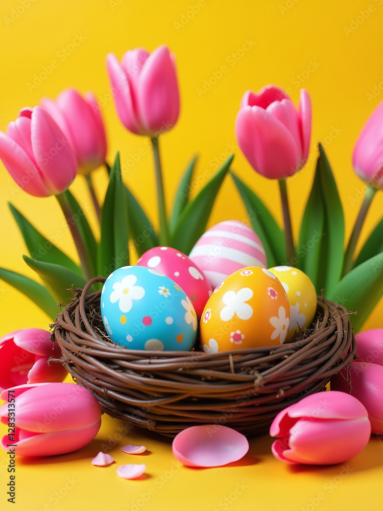 Decorated Eggs Sit In A Nest Surrounded By Pink Tulips Against A Bright Yellow Background For Easter Display. 00001