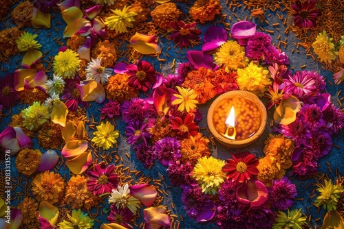 A colorful flower sculpture made of marigolds and rose petals was placed on the ground. symbolizing auspiciousness during the Diwali festival celebration. photo