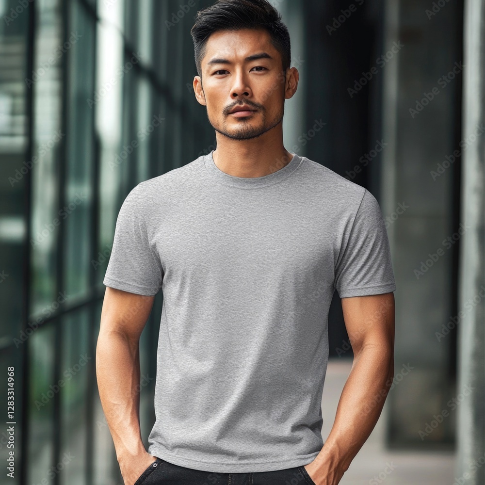 Man with a short beard wearing a gray t-shirt and jeans Man with a short beard wearing a gray t-shirt and jeans