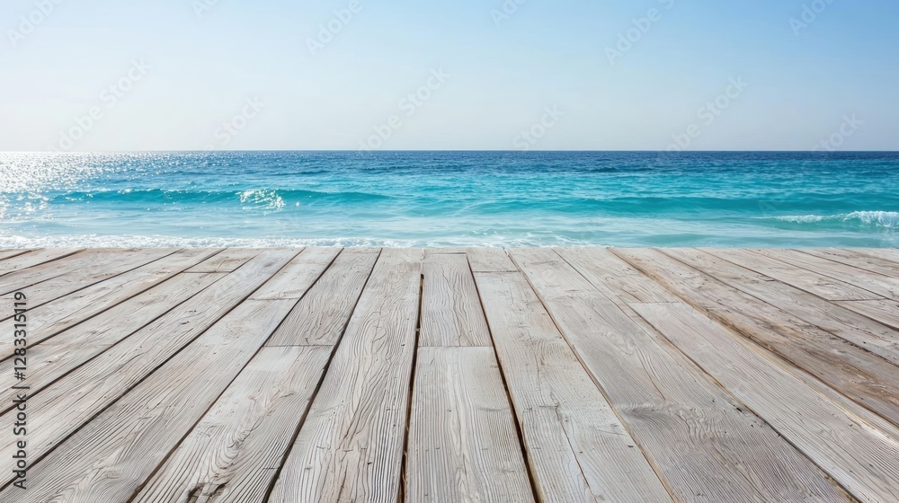 Tranquil Beachscape: Wooden Deck Overlooking Serene Ocean Waves Tranquil Beachscape: Wooden Deck Overlooking Serene Ocean Waves