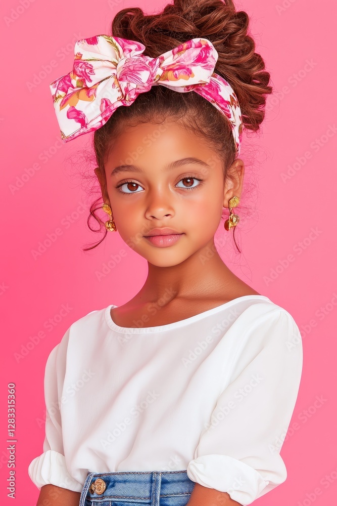 Charming Child Portrait with Floral Headband Against Pink Background Charming Child Portrait with Floral Headband Against Pink Background