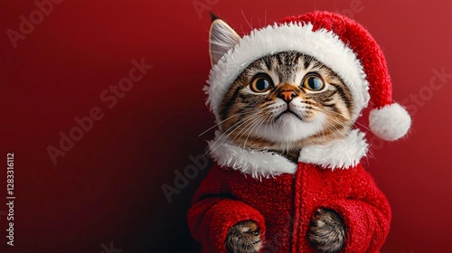 Festive tabby cat in Santa suit for Christmas cards & banners. Cozy holiday design with copy space. Cheerful pet for seasonal marketing.
