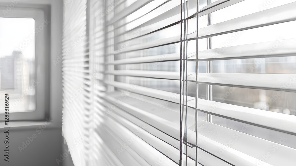 Fototapeta premium Office or home window frame with jalousie. Closed and ajar opening interior venetian blind plastic and fabric roll curtain with control cord. Realistic 3d vector set of white louvers shutter.
