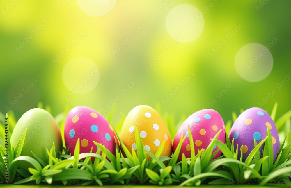 Colorful Easter Eggs Nestled In Green Grass On A Warm Sunny Spring Day Create A Joyful Easter Decoration Backdrop. 00002 Colorful Easter Eggs Nestled In Green Grass On A Warm Sunny Spring Day Create A Joyful Easter Decoration Backdrop. 00002
