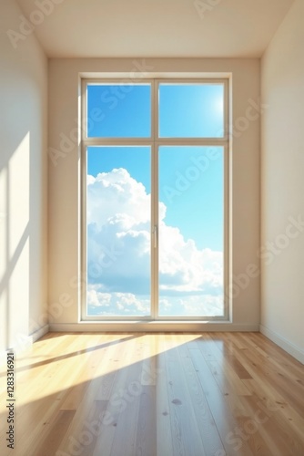 Bright Sunlight Illuminates Empty Room with Large Window Showing Blue Sky and Fluffy Clouds, Hardwood Floor Reflecting Light