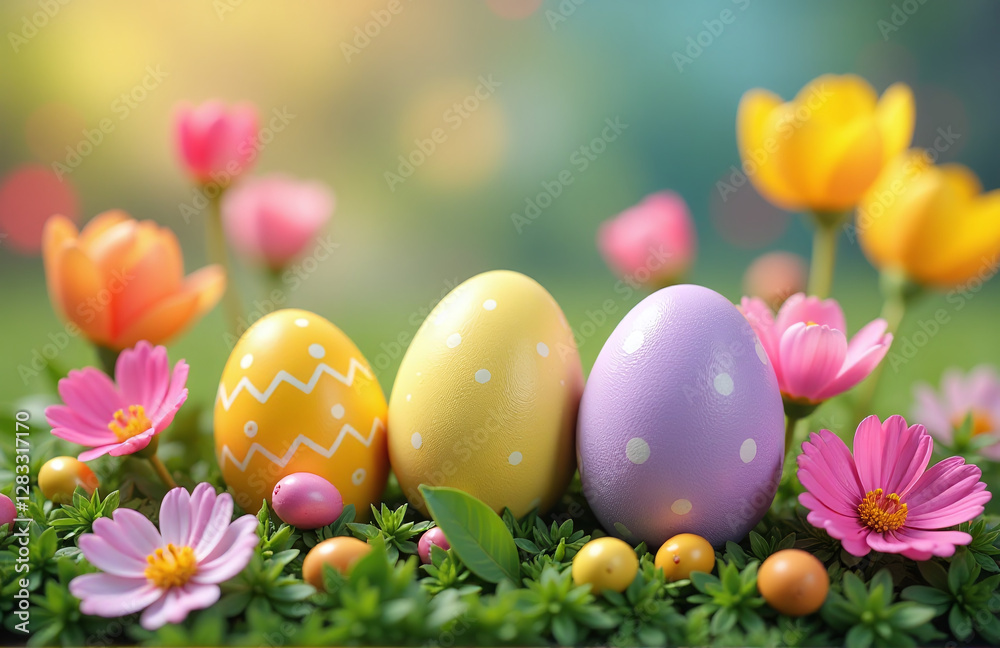 Colorful Easter Scene Featuring Selective Focus On Delicate Eggs Surrounded By Vibrant Flowers Amidst A Festive Holiday Atmosphere. 00001 Colorful Easter Scene Featuring Selective Focus On Delicate Eggs Surrounded By Vibrant Flowers Amidst A Festive Holiday Atmosphere. 00001