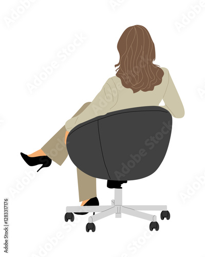 Business woman sitting in office chair back view, taking part in meeting, business event. Pretty female character in modern office suit. Vector realistic illustration isolated