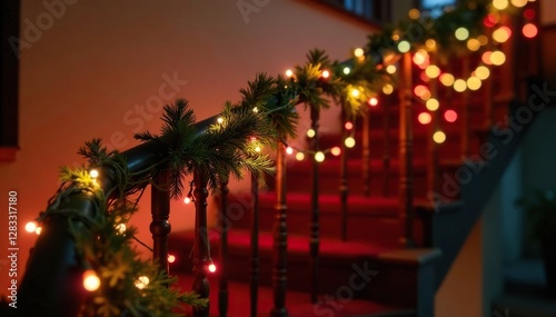 Festive holiday lights adorning a staircase or banister, Christmas decorations, festive railings