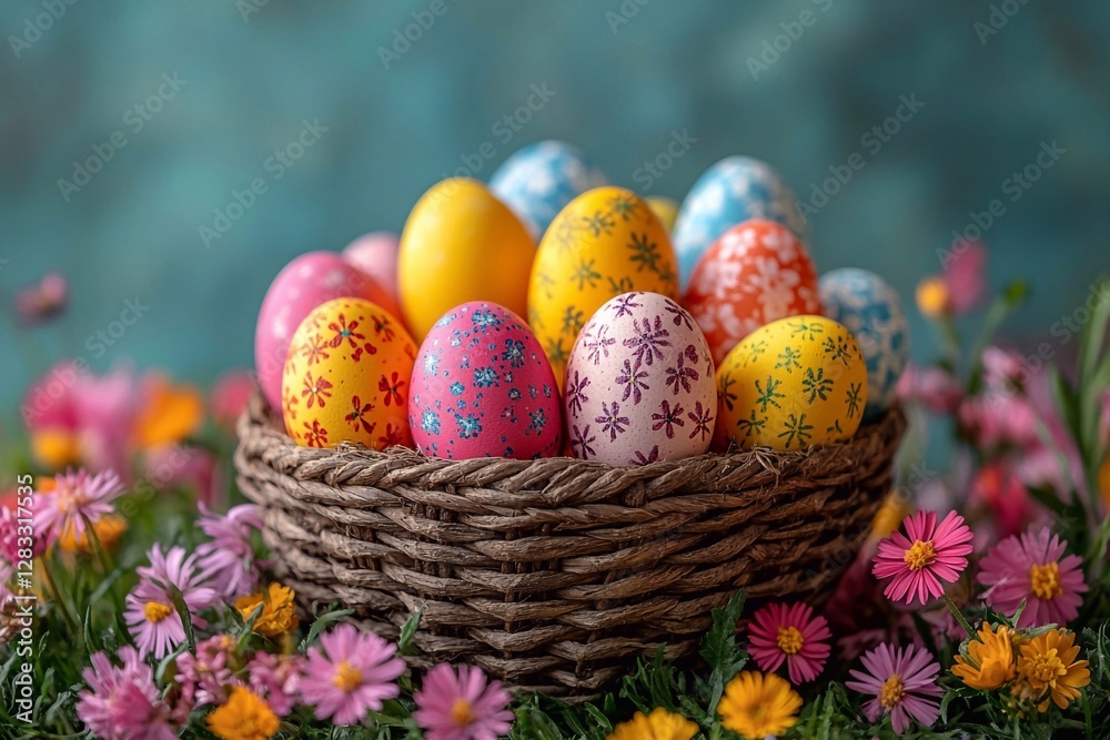 Naklejka premium Basket with bright Easter eggs on a background of colorful spring flowers.